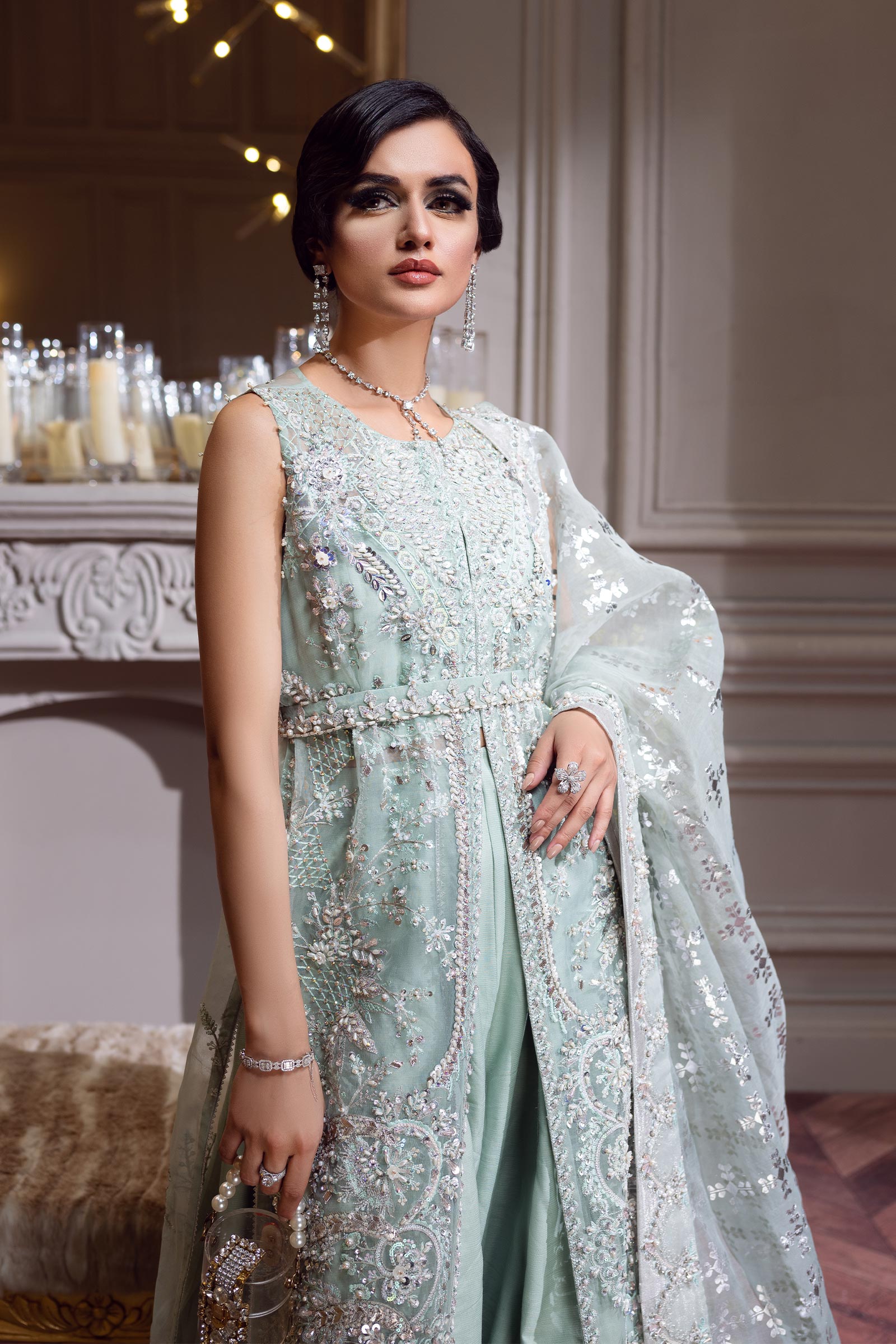 Pakistani Aqua Green Embellished Georgette Gown (3-Piece) - Image 1
