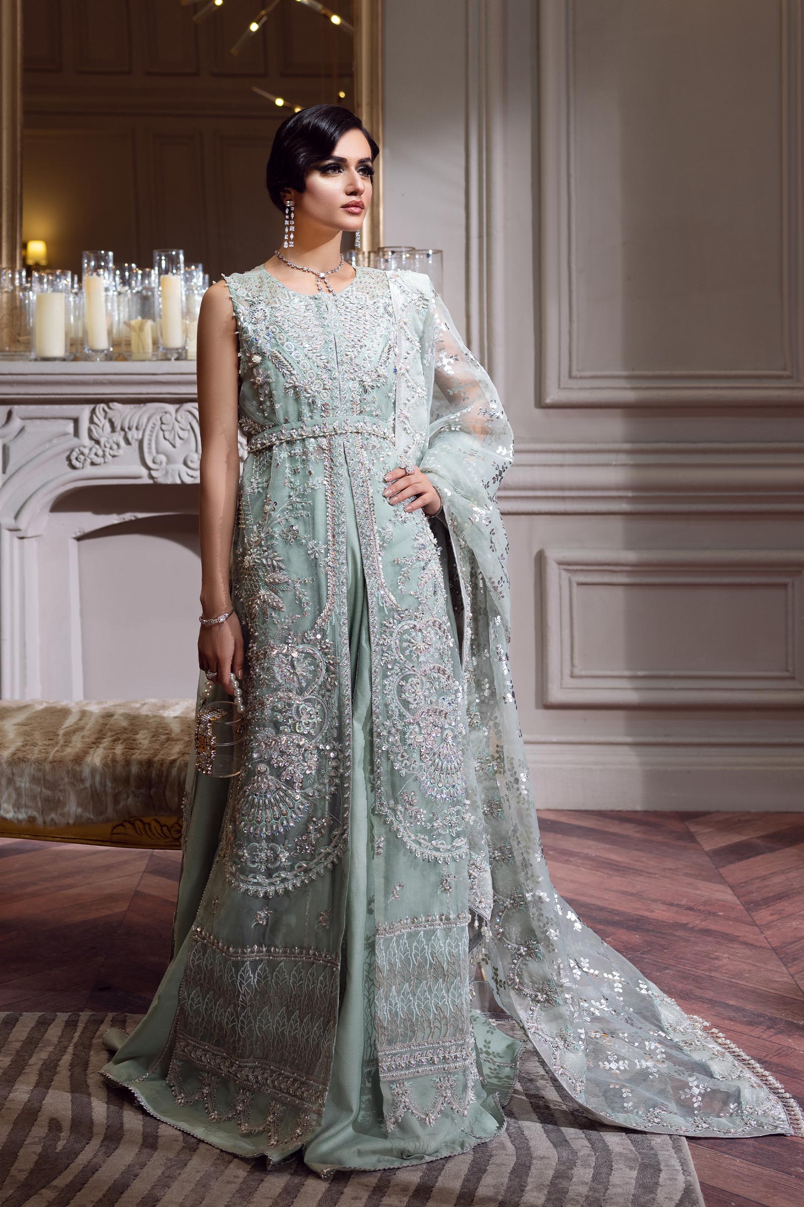 Pakistani Aqua Green Embellished Georgette Gown (3-Piece) - Image 2