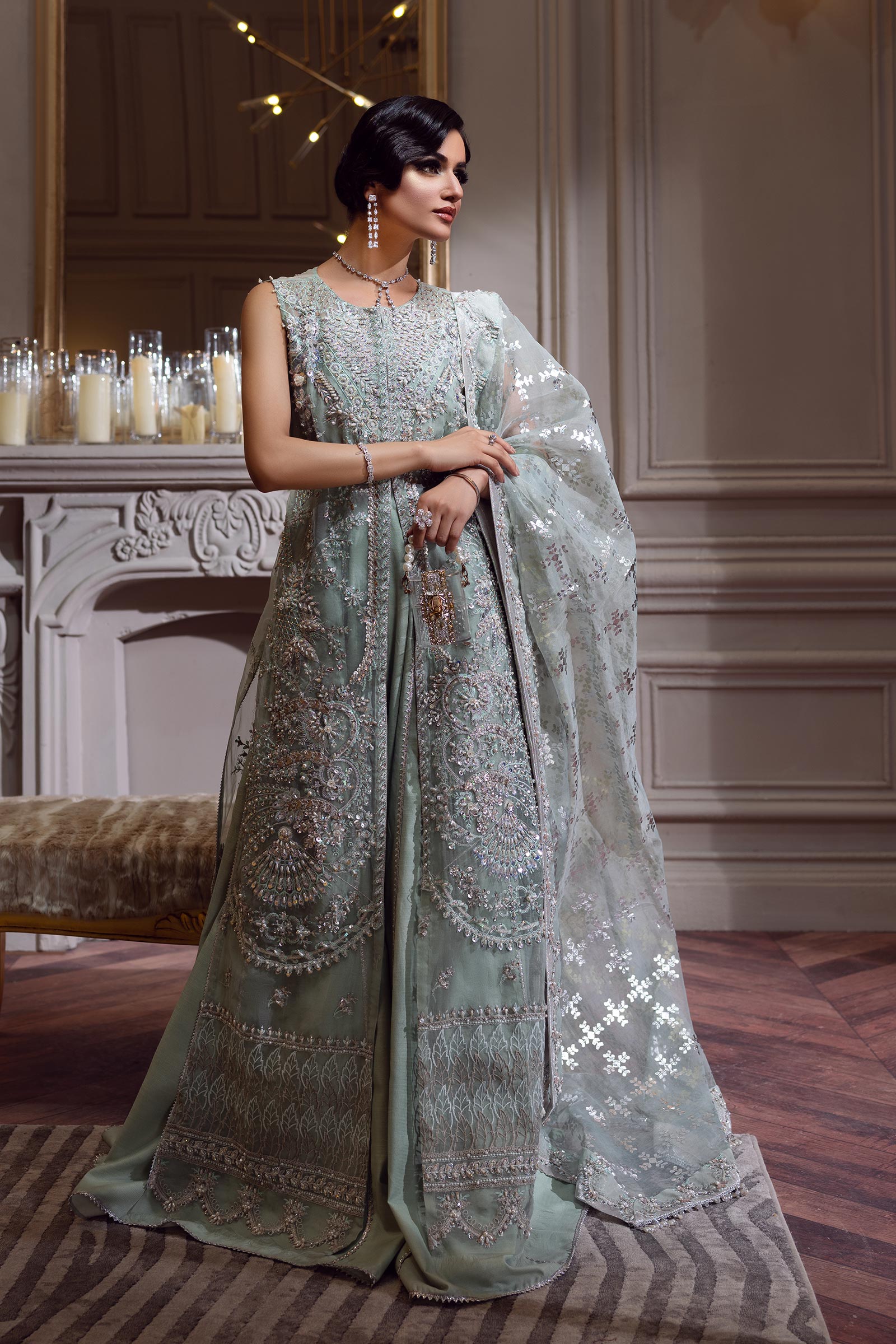Pakistani Aqua Green Embellished Georgette Gown (3-Piece) - Image 4