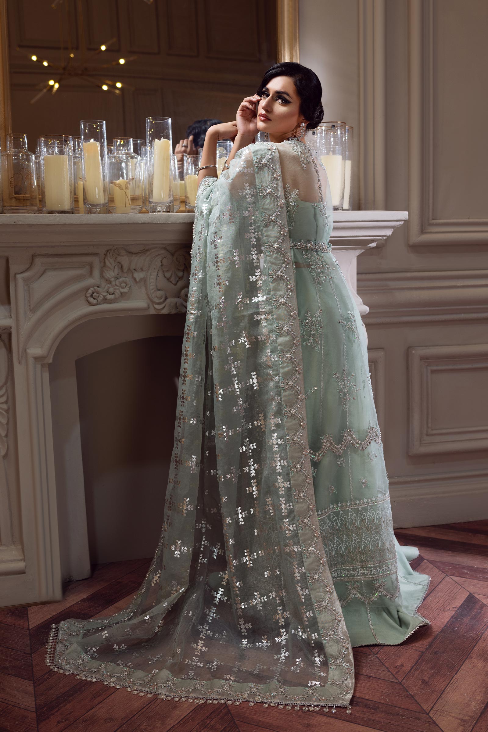 Pakistani Aqua Green Embellished Georgette Gown (3-Piece) - Image 5