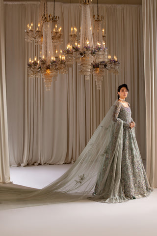 Mint Adda Work Khadi Silk Bridal Gown (2-Piece) - Image 5