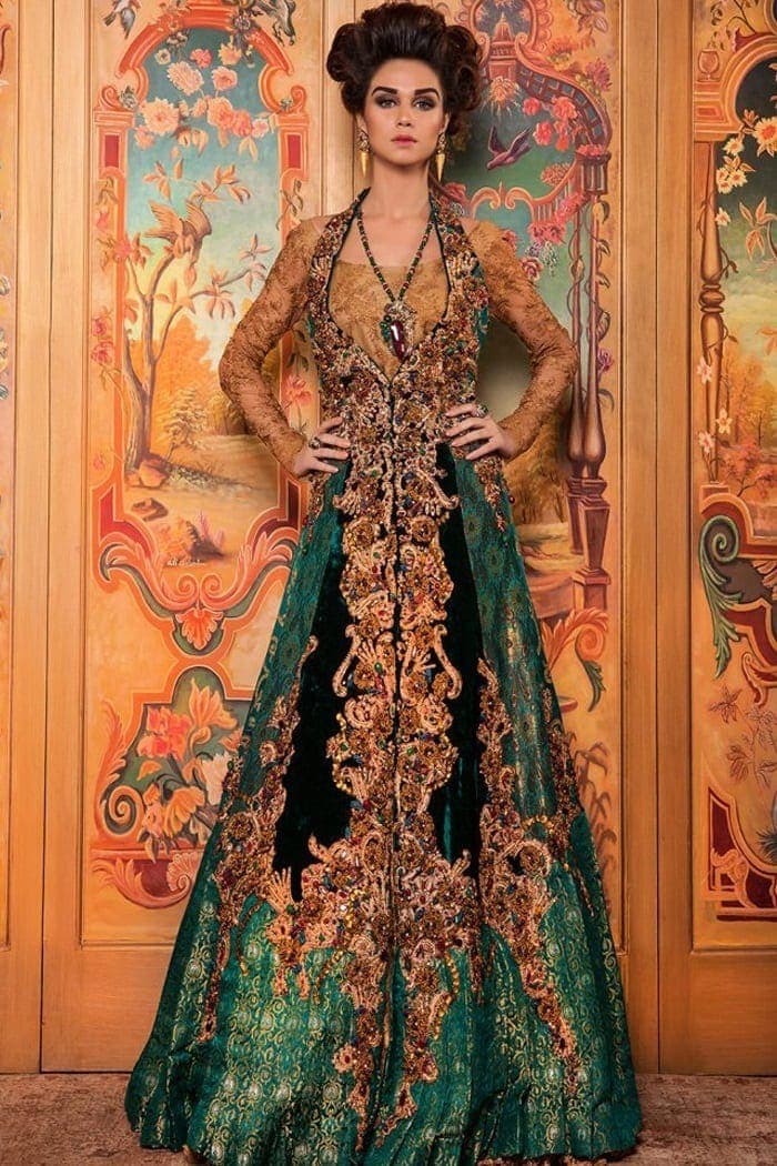 Emerald Green Embroidered Kimkhab Bridal Gown (1-Pc) - Image 1