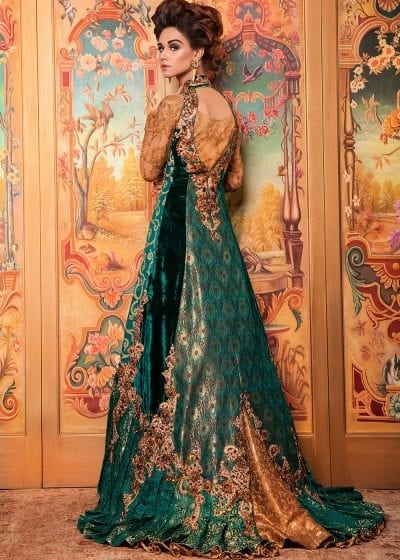 Emerald Green Embroidered Kimkhab Bridal Gown (1-Pc) - Image 2