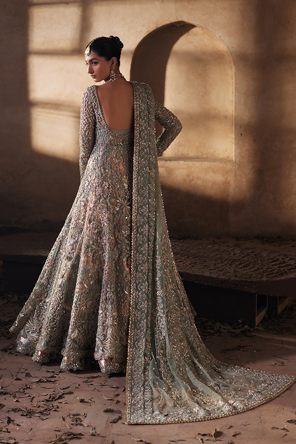 Light Green Embroidered Lama Net Gown (2-Piece) - Image 4