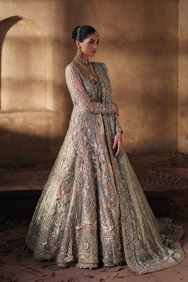 Light Green Embroidered Lama Net Gown (2-Piece) - Image 5