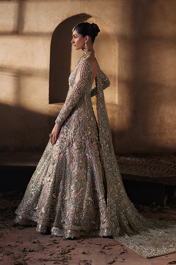 Light Green Embroidered Lama Net Gown (2-Piece) - Image 6