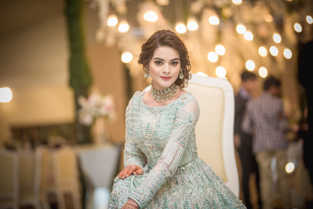 Mint Green Embellished Net Bridal Gown (1-Pc) - Image 2