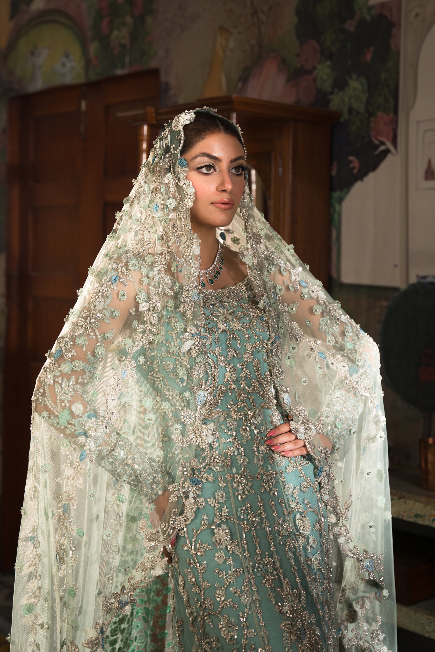 Pakistani Mint and Soft Blue Embroidered Net Bridal Gown (2-Piece) - Image 4