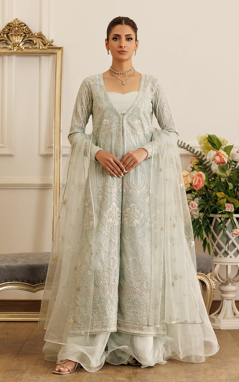 Pakistani Pistachio Embroidered Net Gown (3-Piece) - Image 1