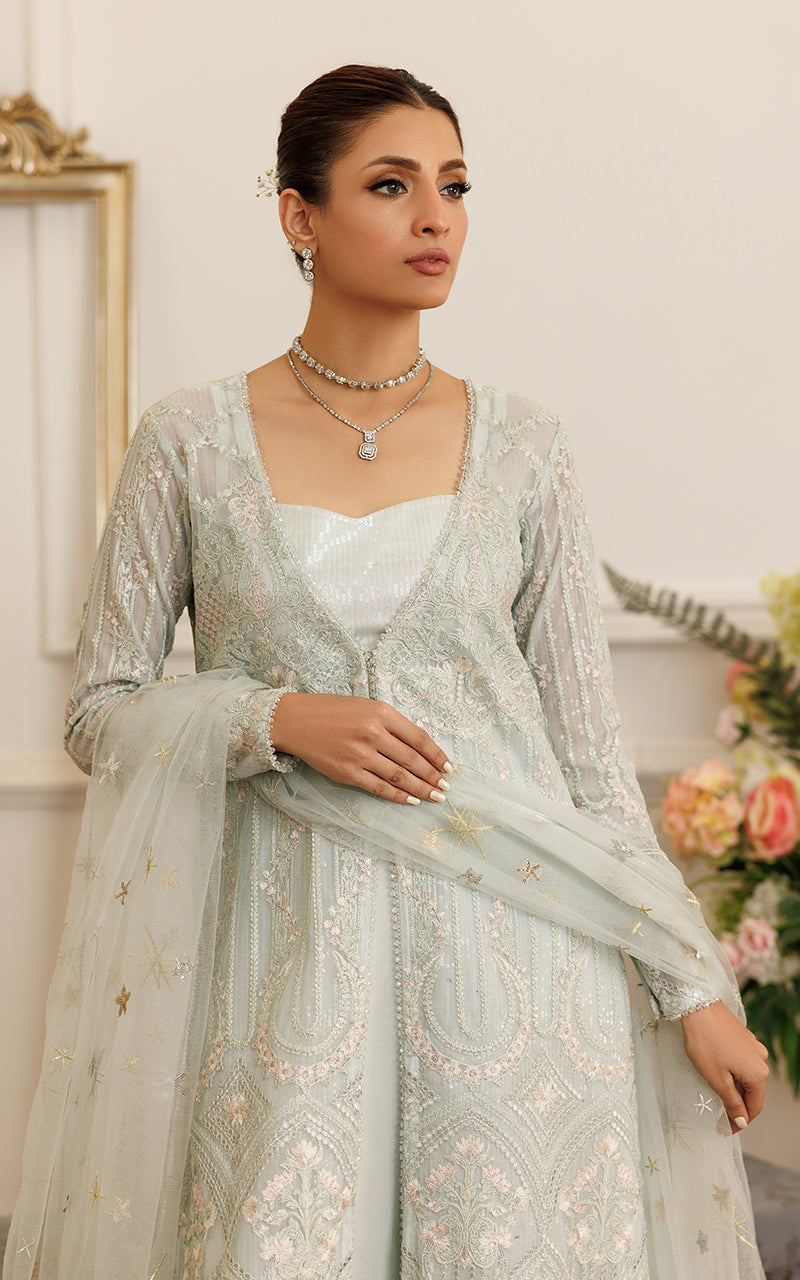 Pakistani Pistachio Embroidered Net Gown (3-Piece) - Image 2