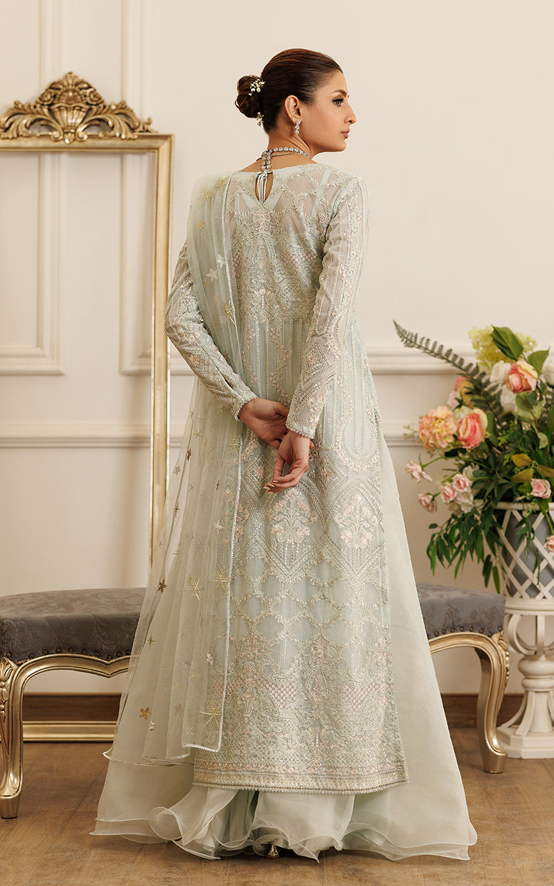 Pakistani Pistachio Embroidered Net Gown (3-Piece) - Image 3