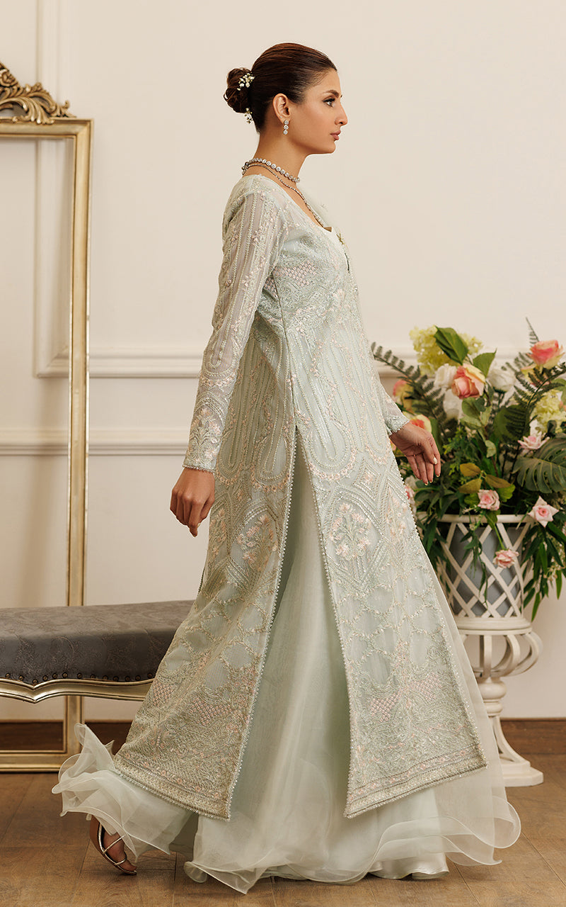 Pakistani Pistachio Embroidered Net Gown (3-Piece) - Image 4