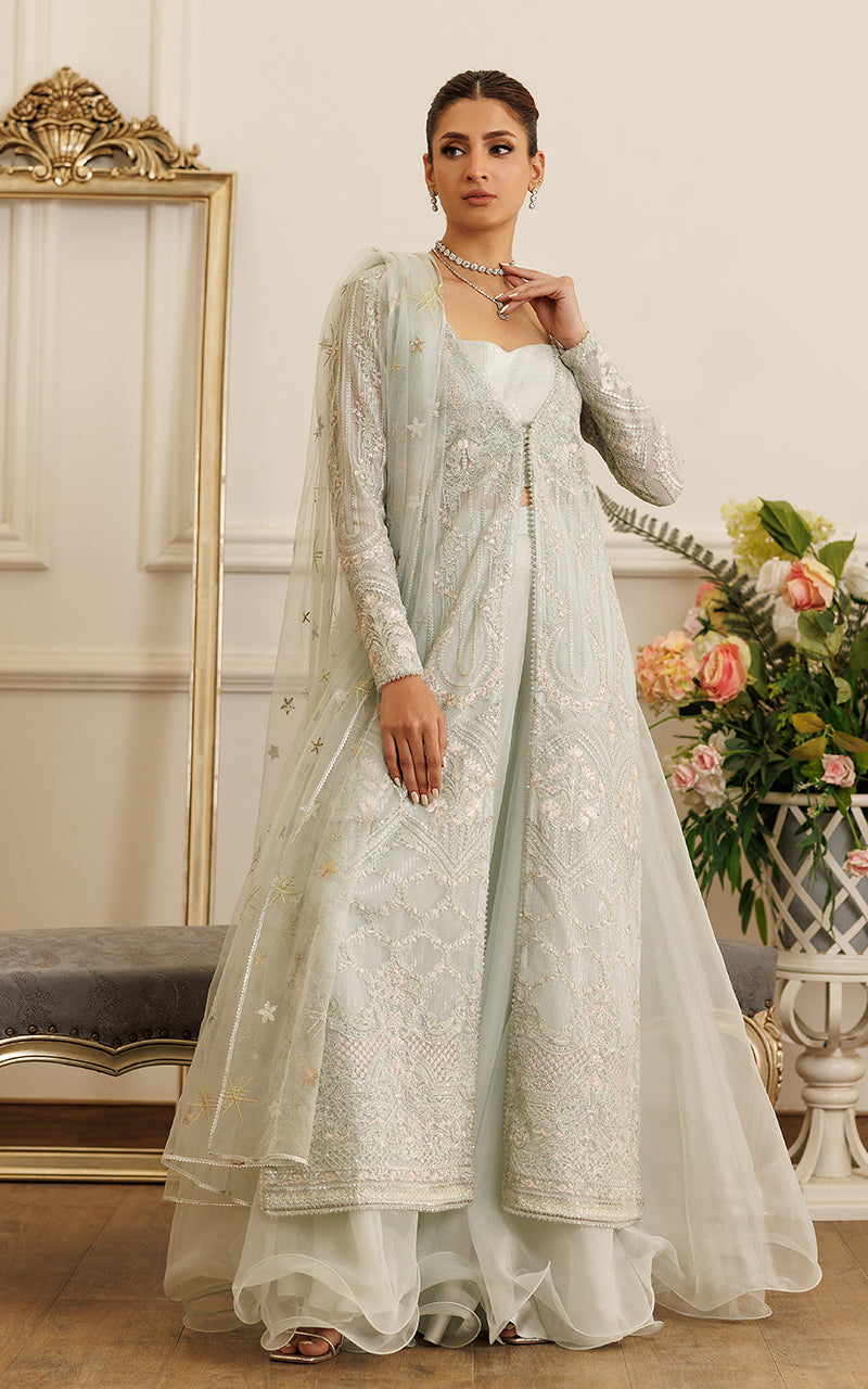 Pakistani Pistachio Embroidered Net Gown (3-Piece) - Image 5