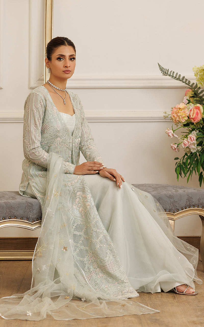 Pakistani Pistachio Embroidered Net Gown (3-Piece) - Image 6