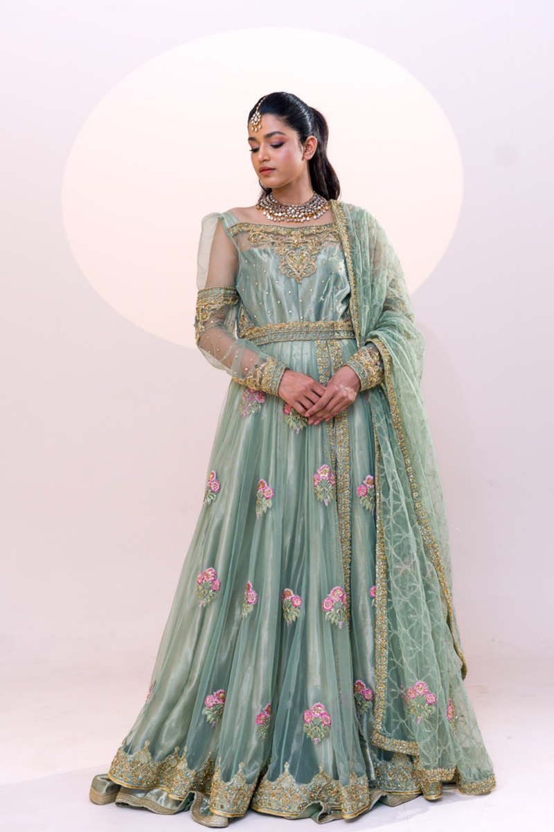 Sage Green Embroidered Net Gown (2-Piece) - Image 1