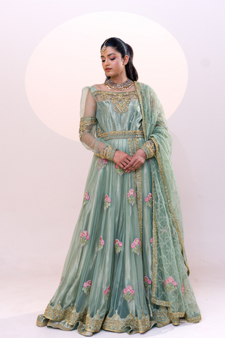 Sage Green Embroidered Net Gown (2-Piece) - Image 2