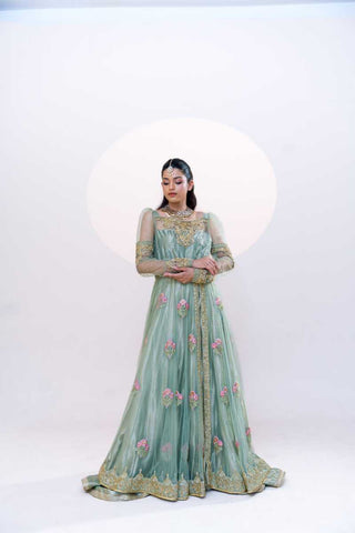 Sage Green Embroidered Net Gown (2-Piece) - Image 3