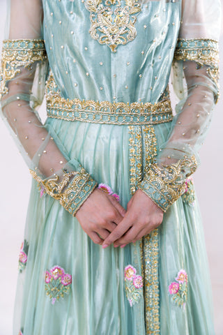 Sage Green Embroidered Net Gown (2-Piece) - Image 4