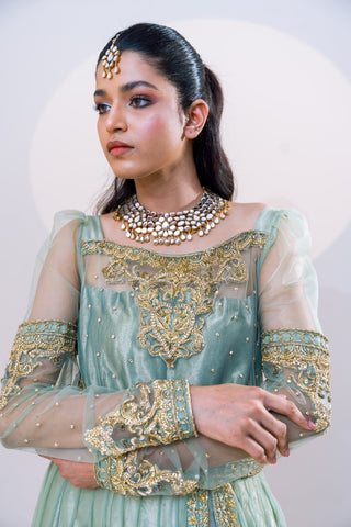 Sage Green Embroidered Net Gown (2-Piece) - Image 5