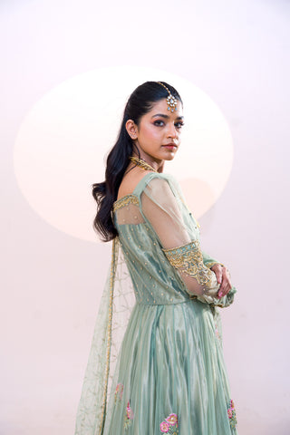 Sage Green Embroidered Net Gown (2-Piece) - Image 6