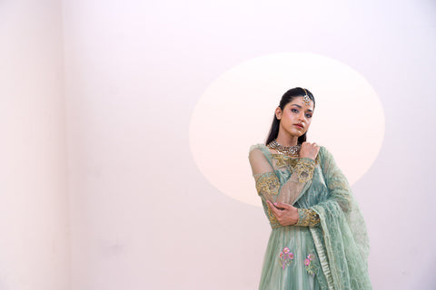 Sage Green Embroidered Net Gown (2-Piece) - Image 7