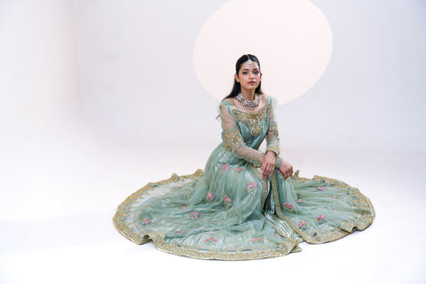 Sage Green Embroidered Net Gown (2-Piece) - Image 8