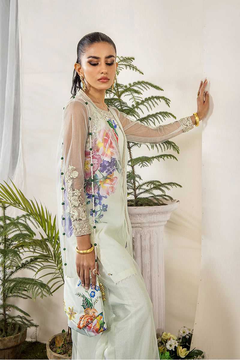 Mint Green Embroidered Net Gown (3-Piece) - Image 1