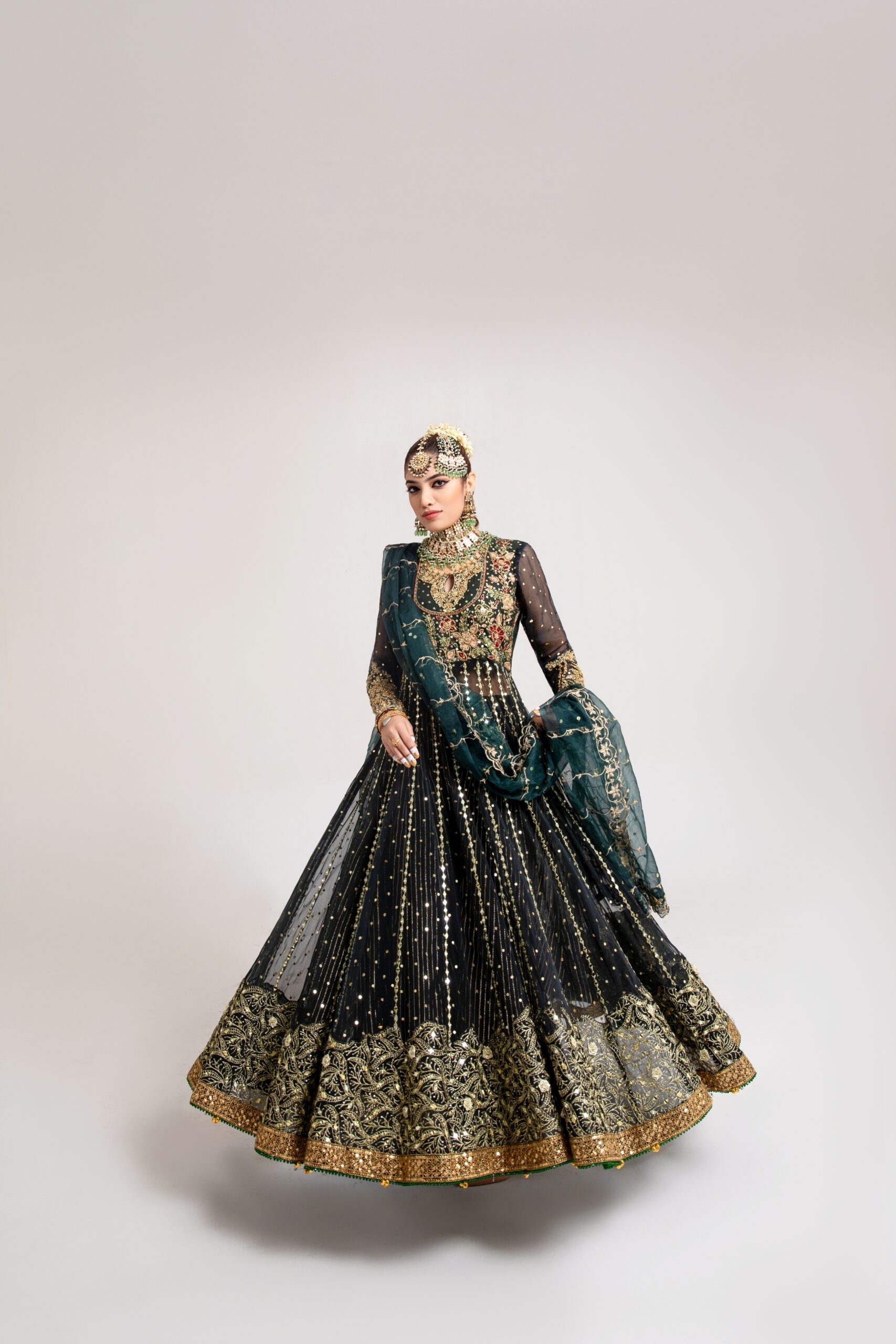 Deep Green Gold Embroidered Net Bridal Gown (2-Piece) - Image 1