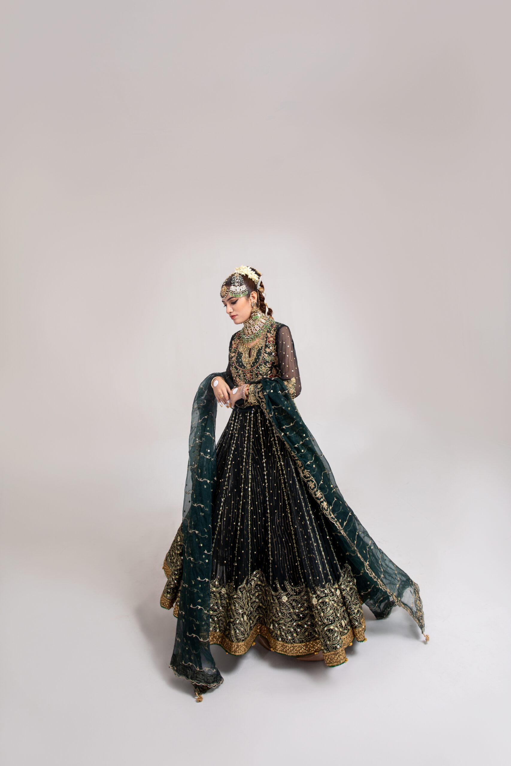 Deep Green Gold Embroidered Net Bridal Gown (2-Piece) - Image 2