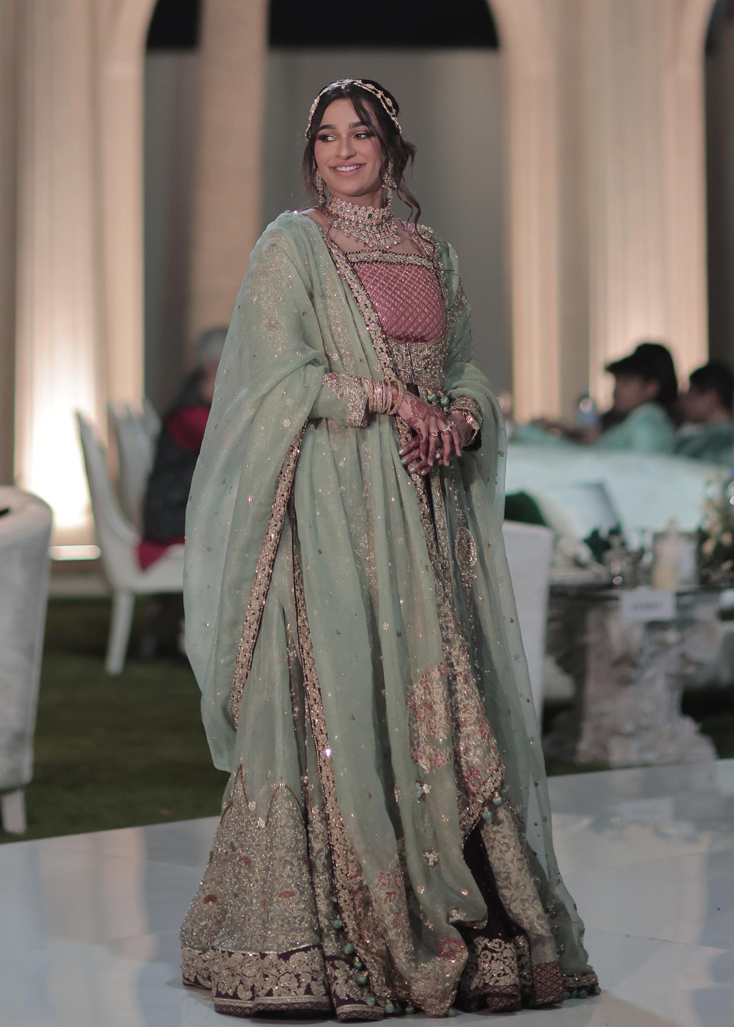 Pakistani Sage Green Embellished Net Bridal Maxi (2-Piece) - Image 1