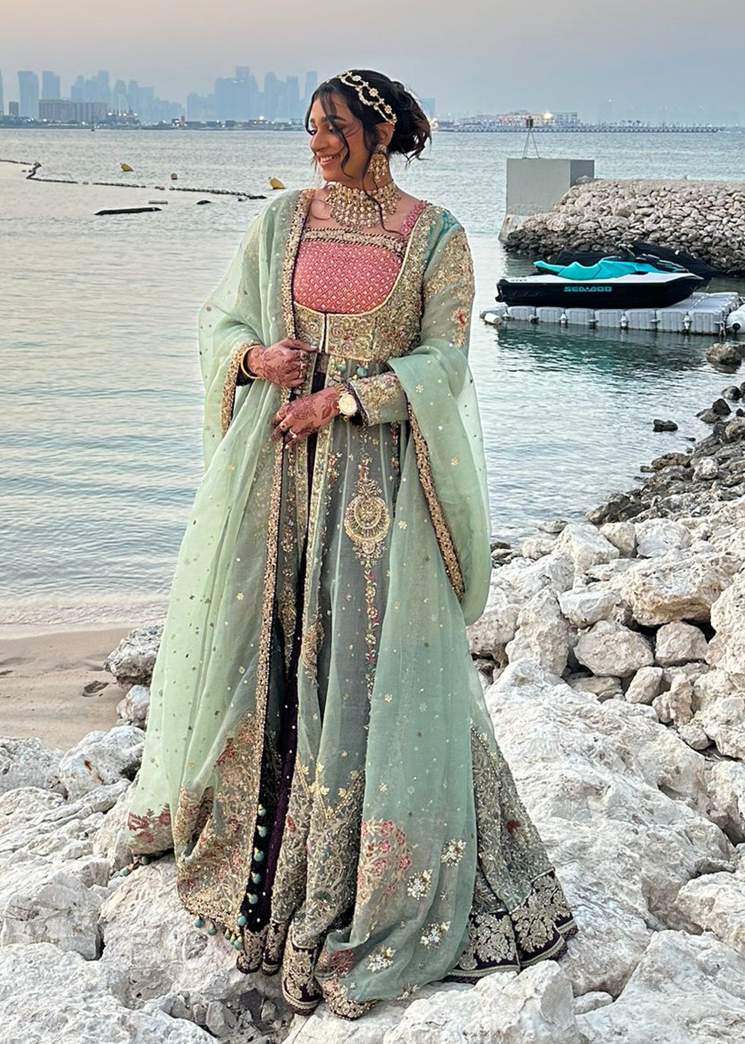 Pakistani Sage Green Embellished Net Bridal Maxi (2-Piece) - Image 3