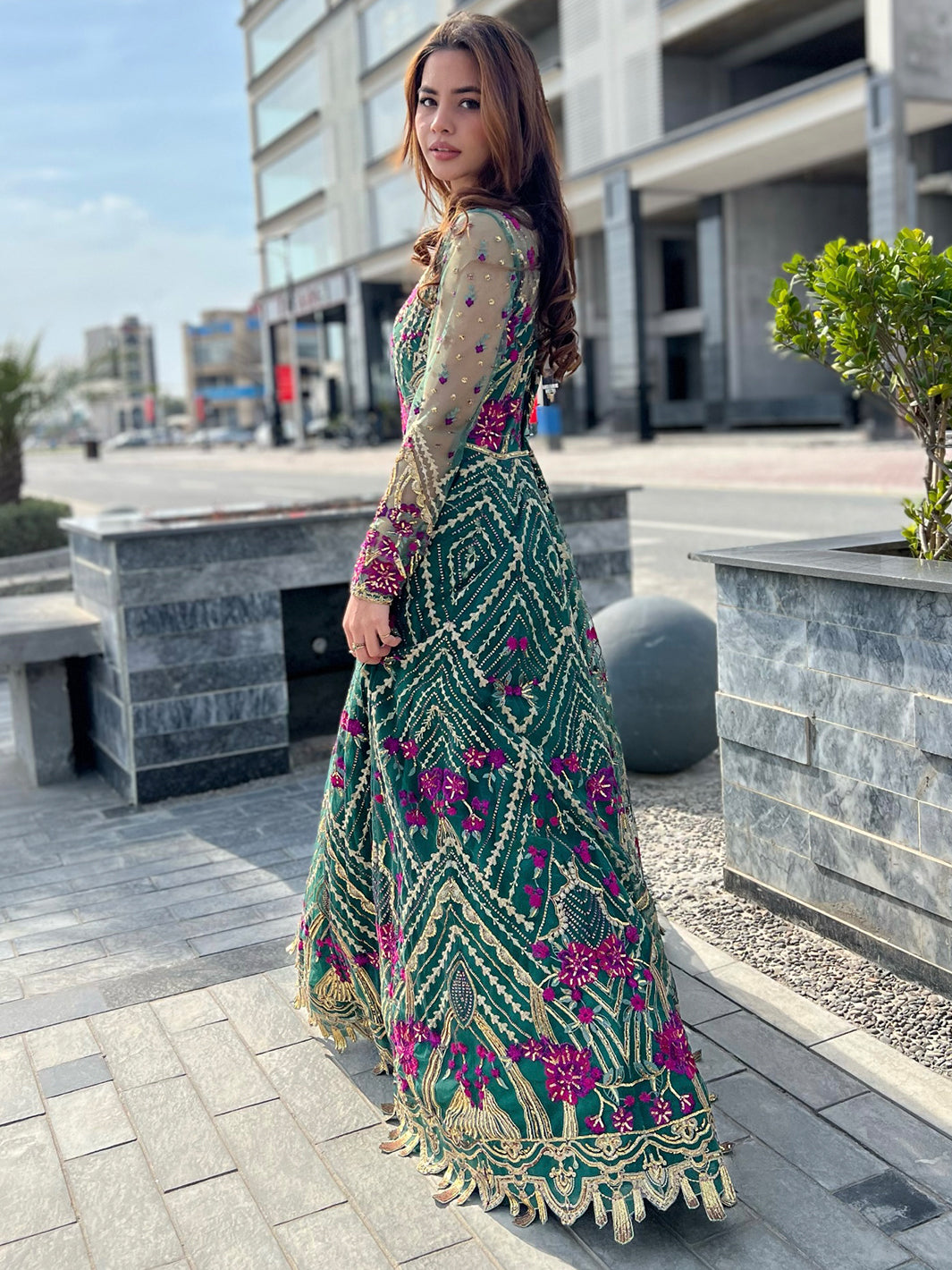 Pakistani Emerald Green Embroidered Net Formal Gown (2-Piece) - Image 10