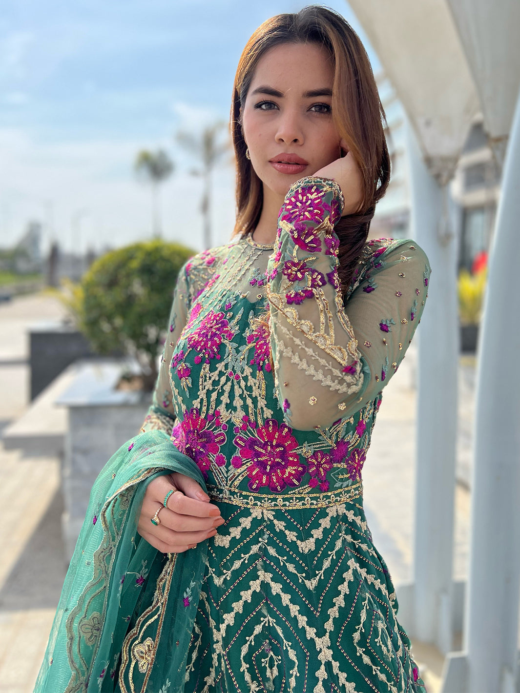 Pakistani Emerald Green Embroidered Net Formal Gown (2-Piece) - Image 2