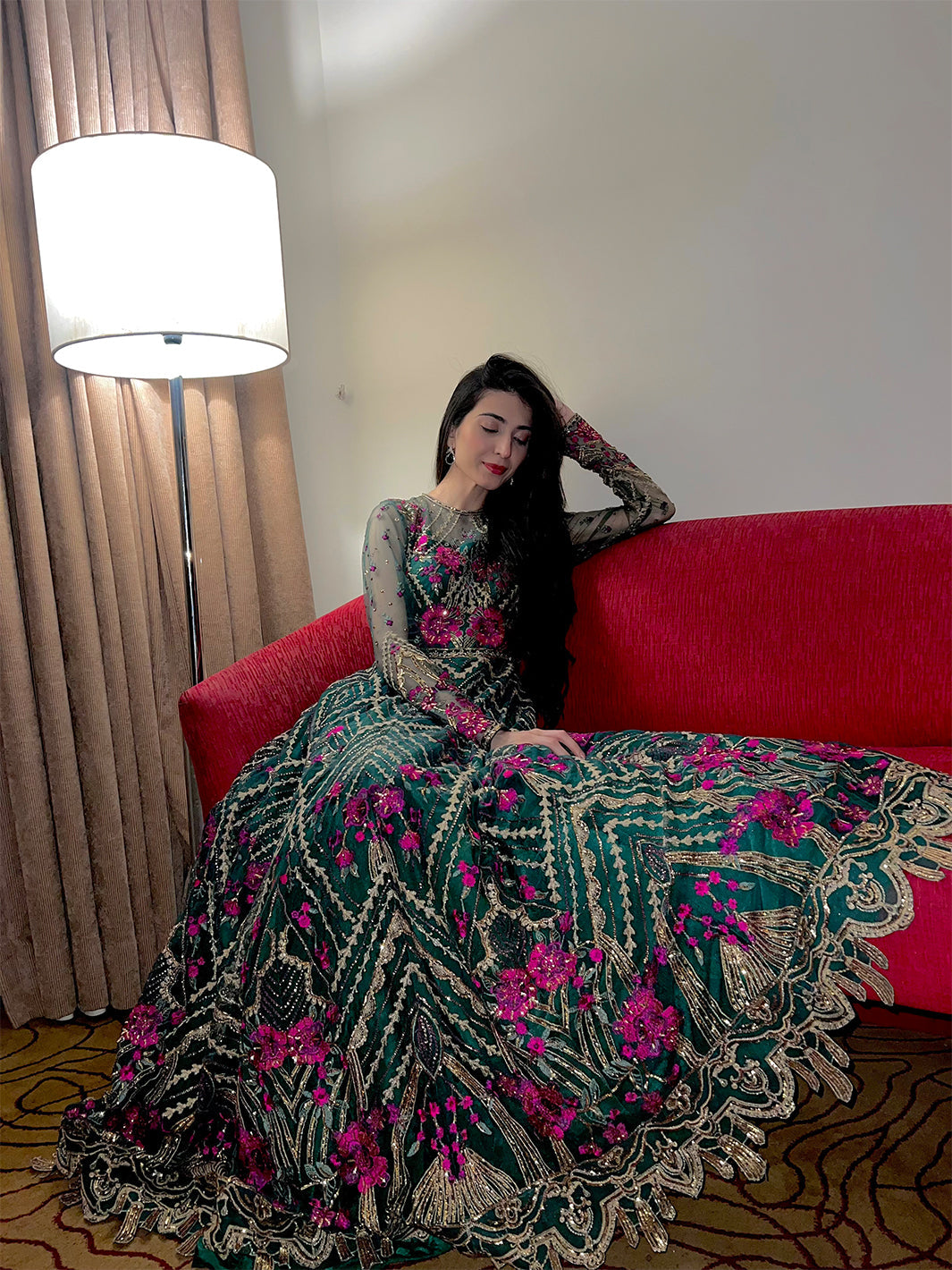 Pakistani Emerald Green Embroidered Net Formal Gown (2-Piece) - Image 3