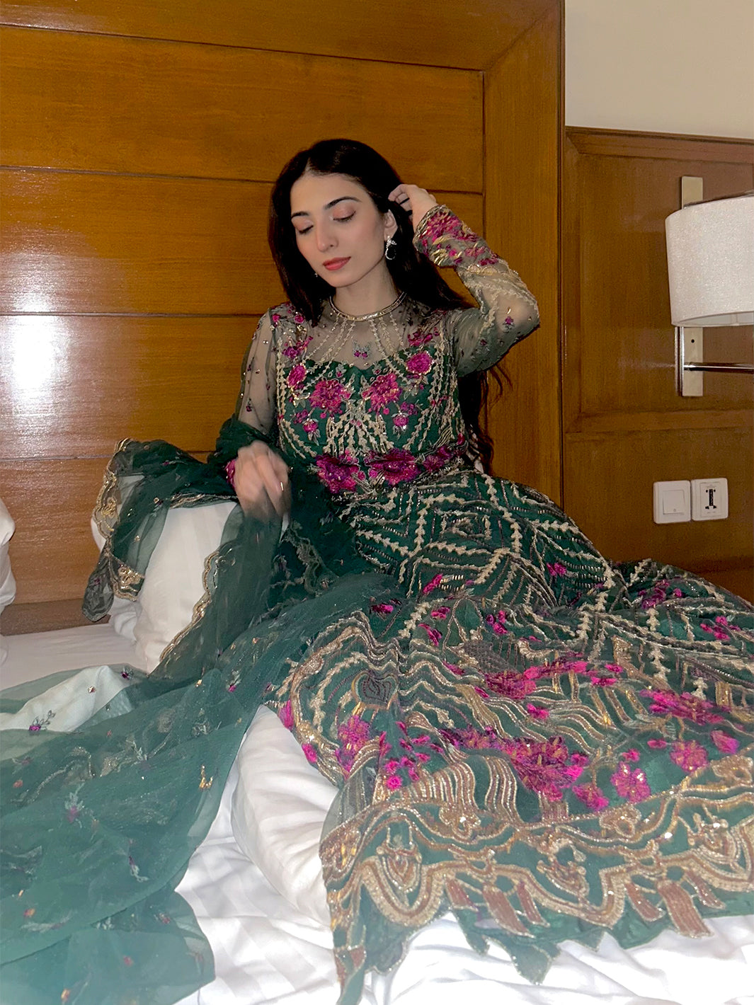 Pakistani Emerald Green Embroidered Net Formal Gown (2-Piece) - Image 4