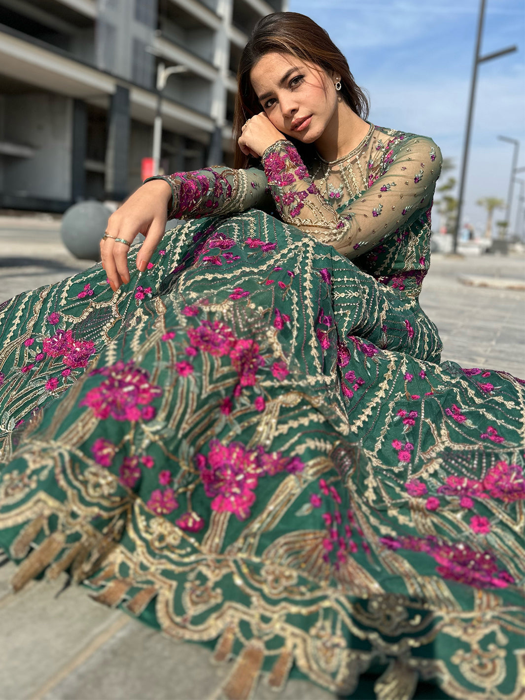 Pakistani Emerald Green Embroidered Net Formal Gown (2-Piece) - Image 7