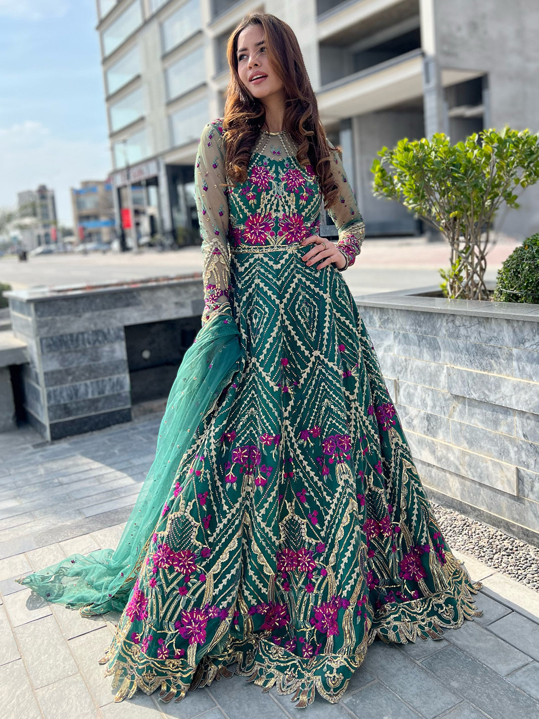 Pakistani Emerald Green Embroidered Net Formal Gown (2-Piece) - Image 8