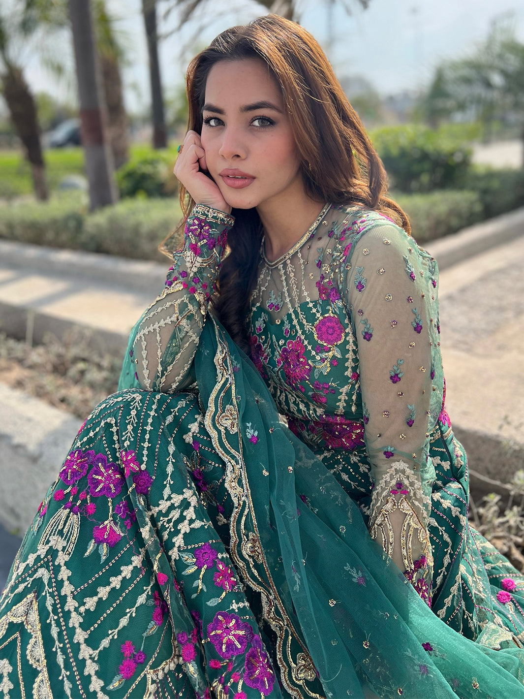 Pakistani Emerald Green Embroidered Net Formal Gown (2-Piece) - Image 9