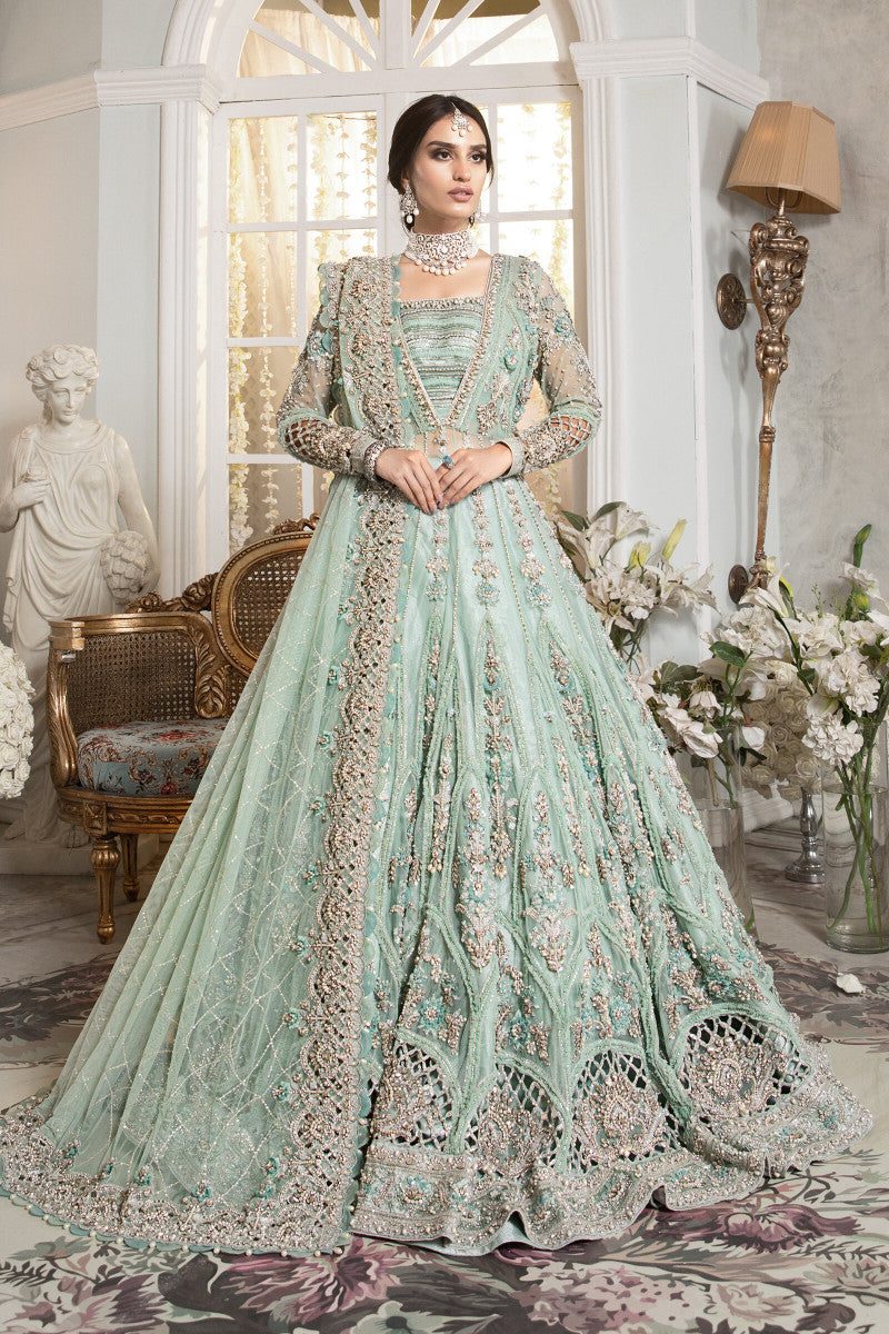 Pakistani Aqua Green Embellished Net Lehenga Gown (2-Piece) - Image 1