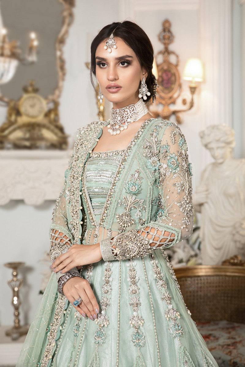 Pakistani Aqua Green Embellished Net Lehenga Gown (2-Piece) - Image 2