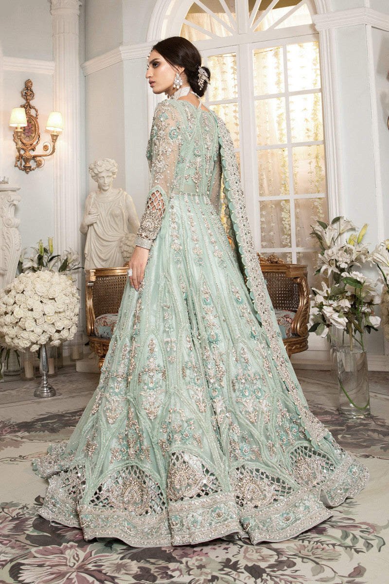 Pakistani Aqua Green Embellished Net Lehenga Gown (2-Piece) - Image 3