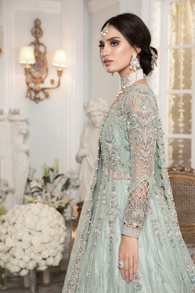Pakistani Aqua Green Embellished Net Lehenga Gown (2-Piece) - Image 4