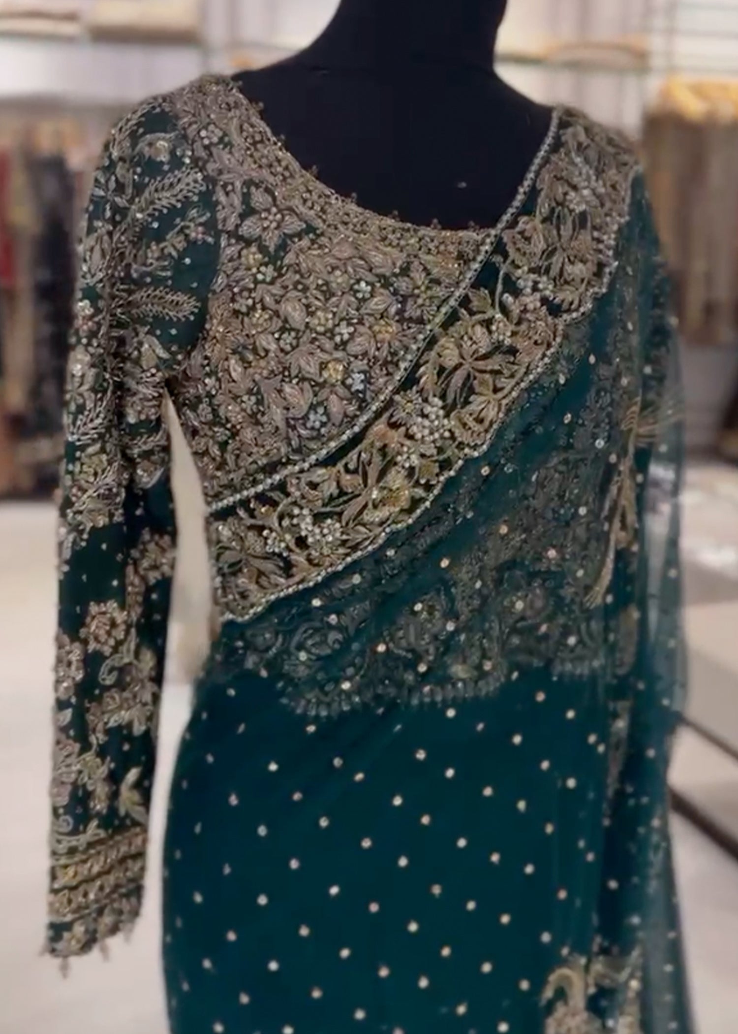 Deep Emerald Embroidered Net Bridal Gown (2-Piece) - Image 1