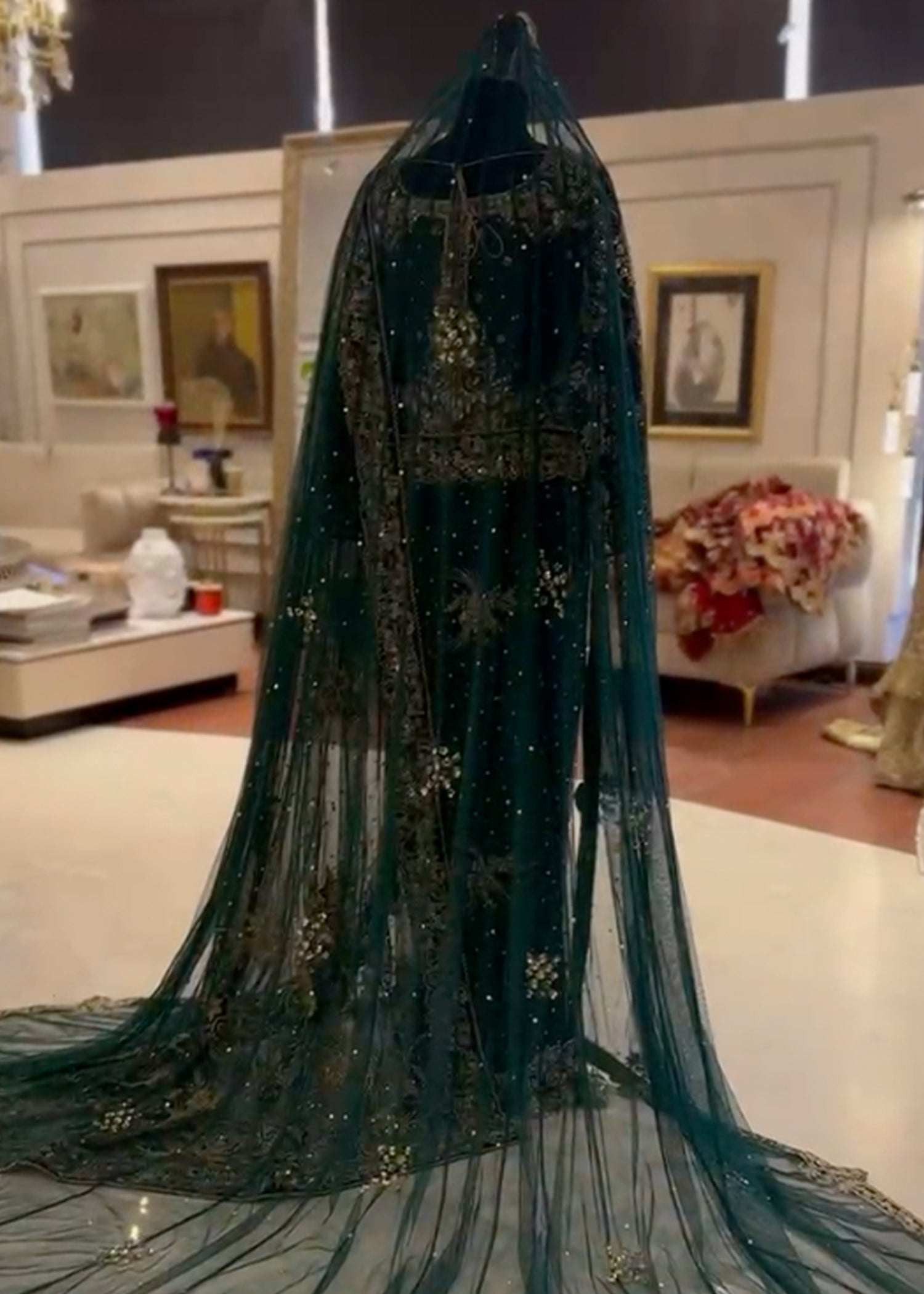 Deep Emerald Embroidered Net Bridal Gown (2-Piece) - Image 2