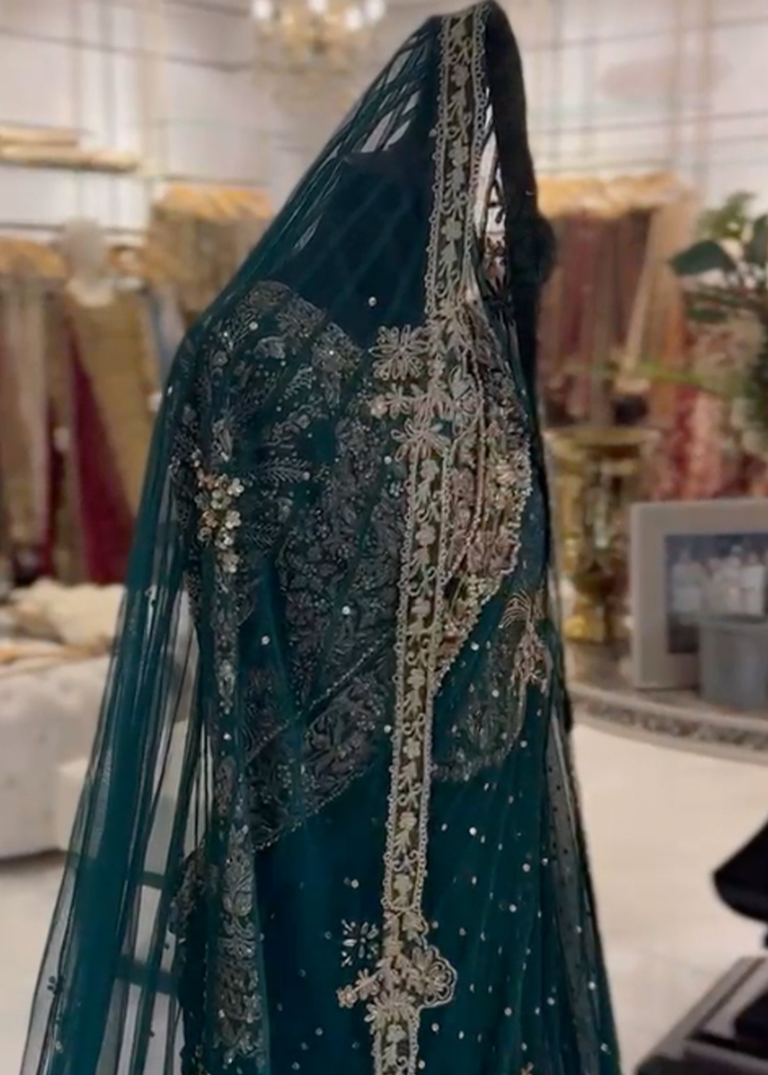 Deep Emerald Embroidered Net Bridal Gown (2-Piece) - Image 3