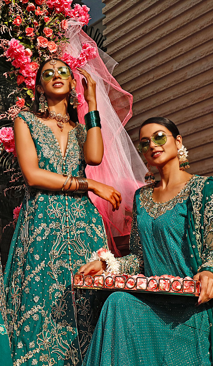 Emerald Green Embroidered Net Formal Gown (2-Piece) - Image 1