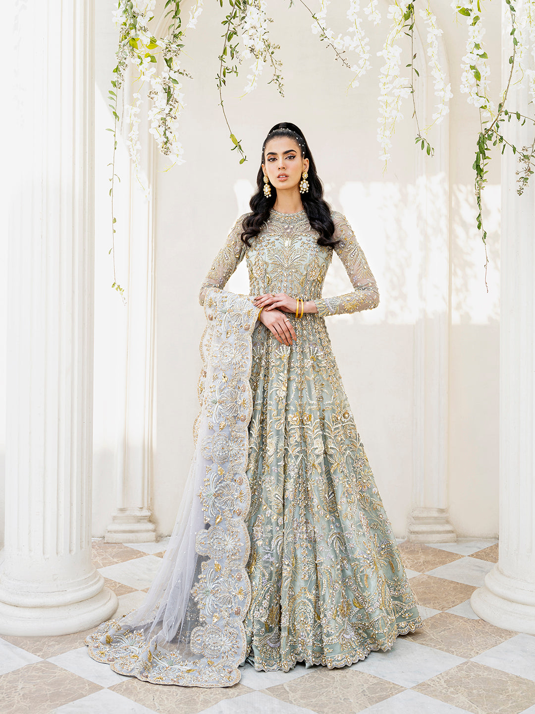 Pakistani Pistachio Grey Embellished Net Bridal Gown (2-Piece) - Image 1