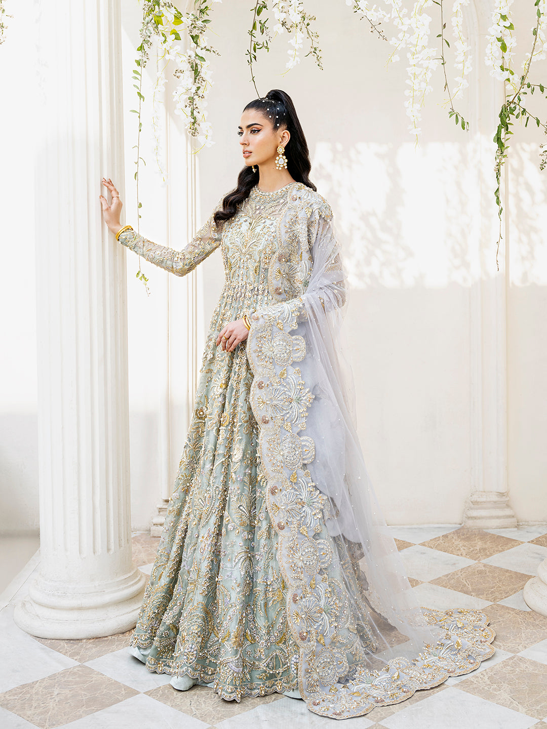 Pakistani Pistachio Grey Embellished Net Bridal Gown (2-Piece) - Image 3