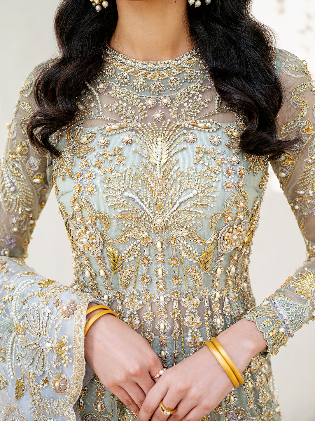 Pakistani Pistachio Grey Embellished Net Bridal Gown (2-Piece) - Image 4