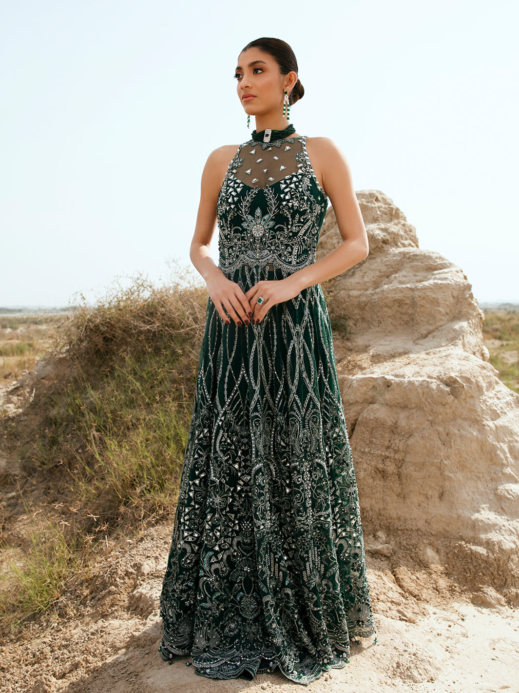 Deep Emerald Embroidered Net Formal Gown (2-Piece) - Image 1